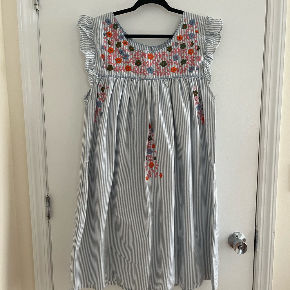 Blue and off white stripes with multi colored embroidery